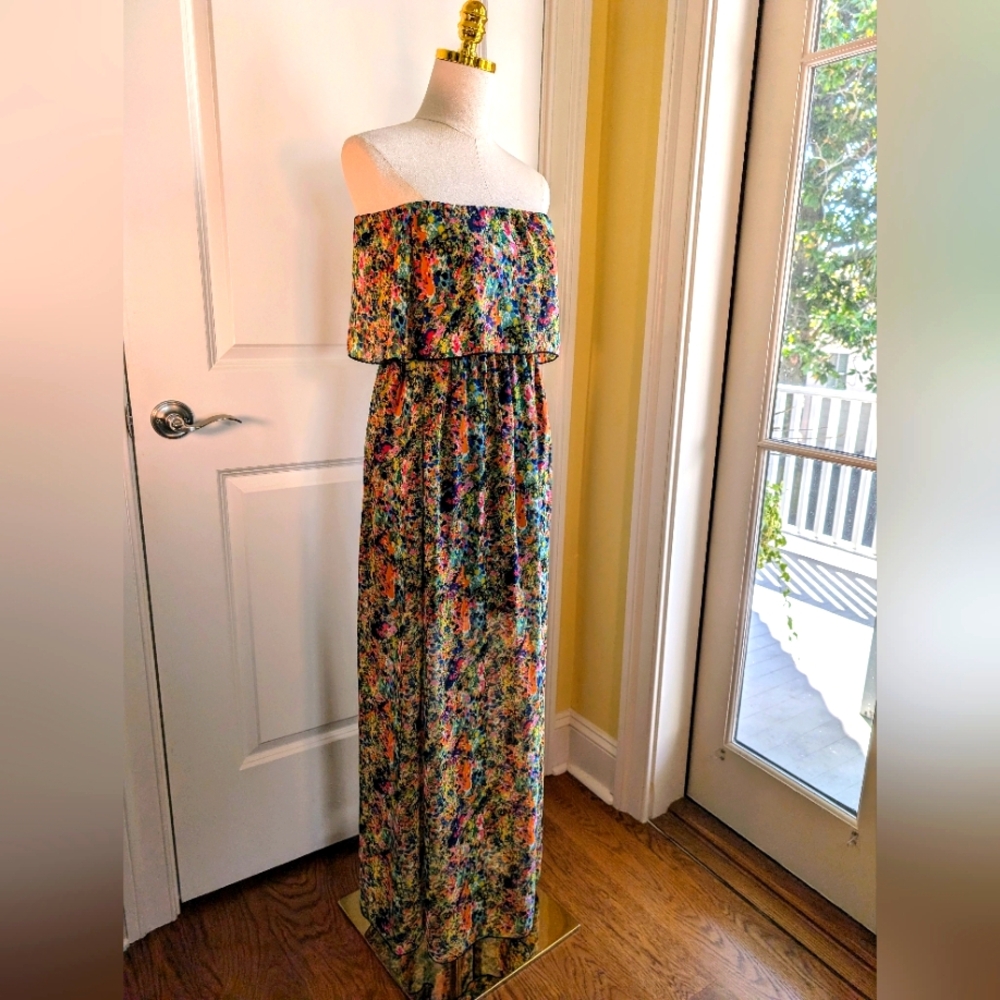 Lovely Day Small Strapless Multi Floral Abstract Print Flutter Ruffle Top Midi